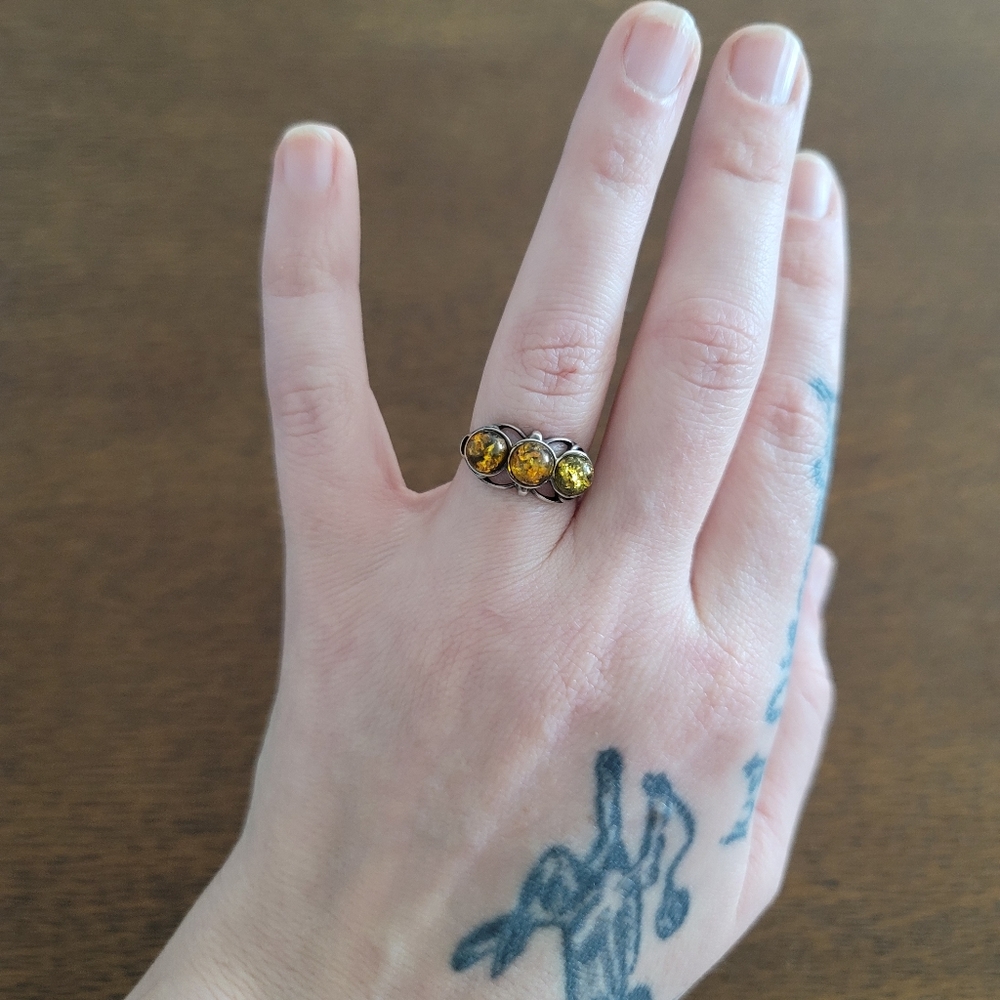 Triple Green Amber Silver Ring - image 3